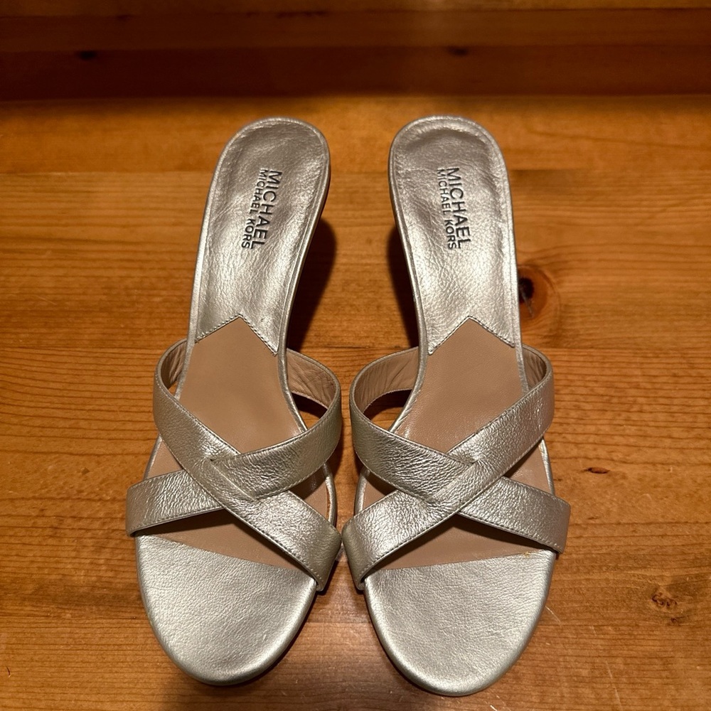 Michael Kors Slip In Heel Sandals Silver Size 9.5 New